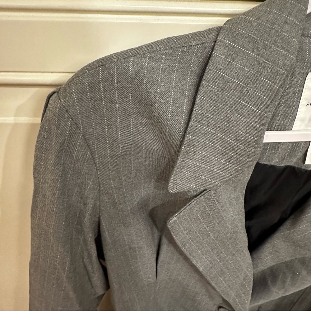 Avec Les Filles Women’s Grey Pinstriped Belted Blazer Jacket Suit Offixe Wear - Picture 5 of 13